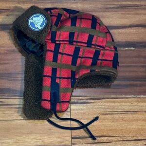 CROCS Red Plaid Trapper Hat with Brown Sherpa Trim
